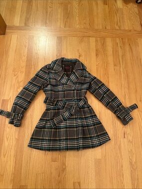 Yoki Y2K Plaid Belted Trench Coat in Gray and Blue